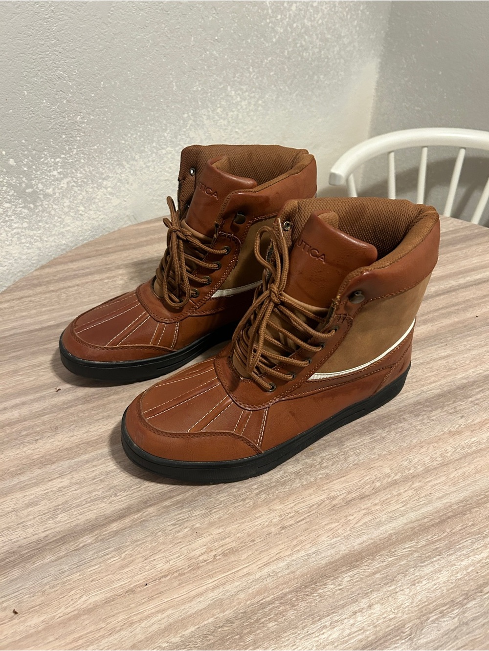 Nautica Men’s Waterproof Brown High-Top Leather Boots with Cream Stripe